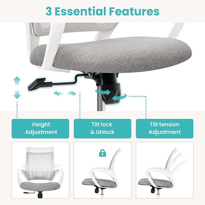 Office Chair with Ergonomic Mid Back Cushion Lumbar Support Adjustable Swivel Rolling Computer Gaming Desk Chair Comfy Mesh Seat Wheels Home Executive Use (1, Grey)