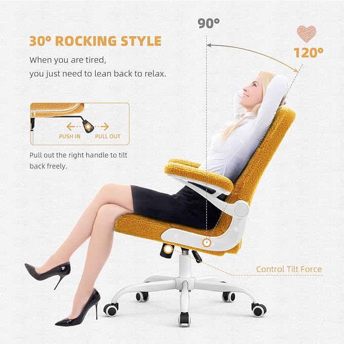 SEATZONE Comfy Office Chair,Yellow Small Desk Chair with Flip-up Armrests Adjustable Swivel Computer Chair for Home,Office,Bedroom