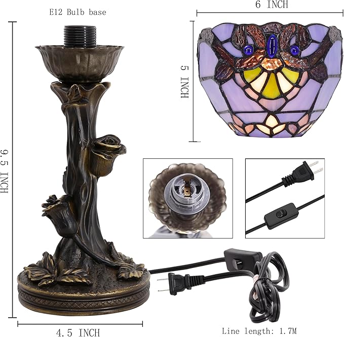 Small Tiffany Lamp Stained Glass Table Lamp Desk Uplight 6X6X13.5 Inch for Bedroom Bedside Office (Blue Baroque)