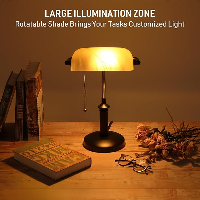 TORCHSTAR Pale Yellow Glass Bankers Desk Lamp, UL Listed, Antique Desk Lamps with Uniquely Textured, Traditional Library Lamp with Pull Chain, E26 Base, Desk Lamp for Office, Study Room