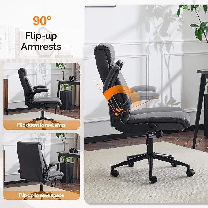 VINGLI Rolling Ergonomic Office Desk Chair with Padded Flip-up Arms, 360° Swivel High Back Executive Computer Task Chair with Wheels for Game,Home Small Space, Study Room, Reading Room,Pu Grey