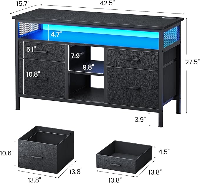 4 Drawer Lateral File Cabinet, Filing Cabinet with Outlet and LED Light, Printer Stand, Open Storage Shelf, Fabric Lateral Filing Cabinet for A4/Letter, for Home Office, Black