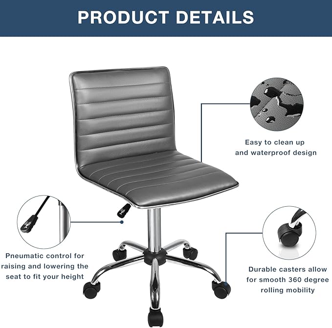 BOSSIN Adjustable Home Office Chair, Mid-Back Armless Ribbed Swivel Task Chair,Vanity Chair for Small Space, Living Room, Make-up, Studying (Gray)