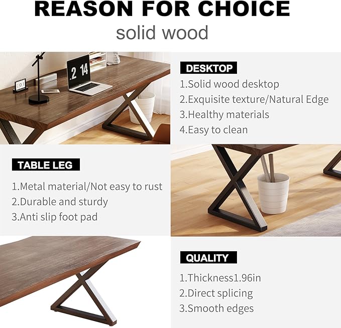 Solid Wood Rustic Style 55.1-inch Computer Desk - Large Office Desk for Home Office, Modern and Simple Design, Ideal for Dining,Study, Writing
