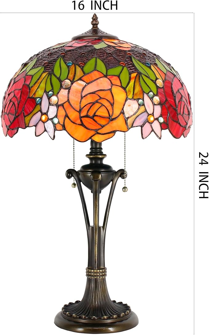 Tiffany Table Lamp Red Yellow Rose Stained Glass Desk Lamp 16X16X24 Inches Reading Light