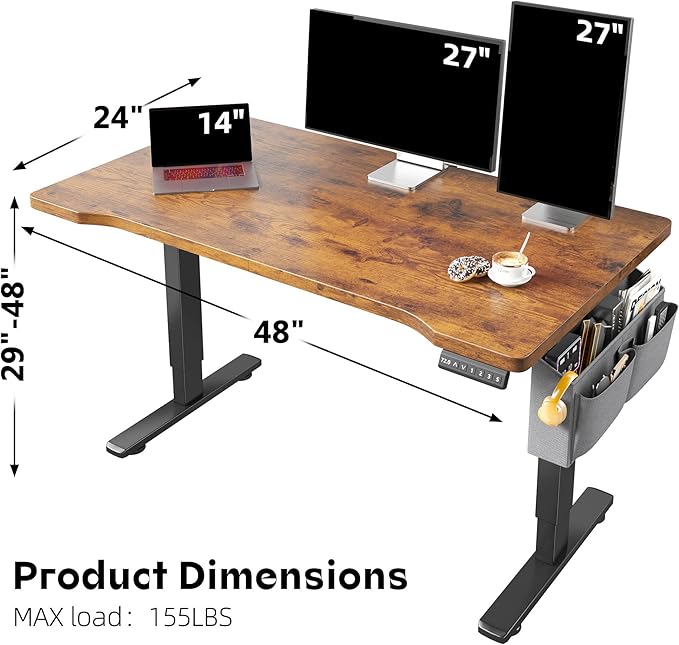 EnHomee 55 x 24 Inches Electric Standing Desk with Light Strip, Stand up Desk with Memory Preset, Height Adjustable Desks for Work Home Office, Computer Desks with Side Mount Pocket, Rustic Brown