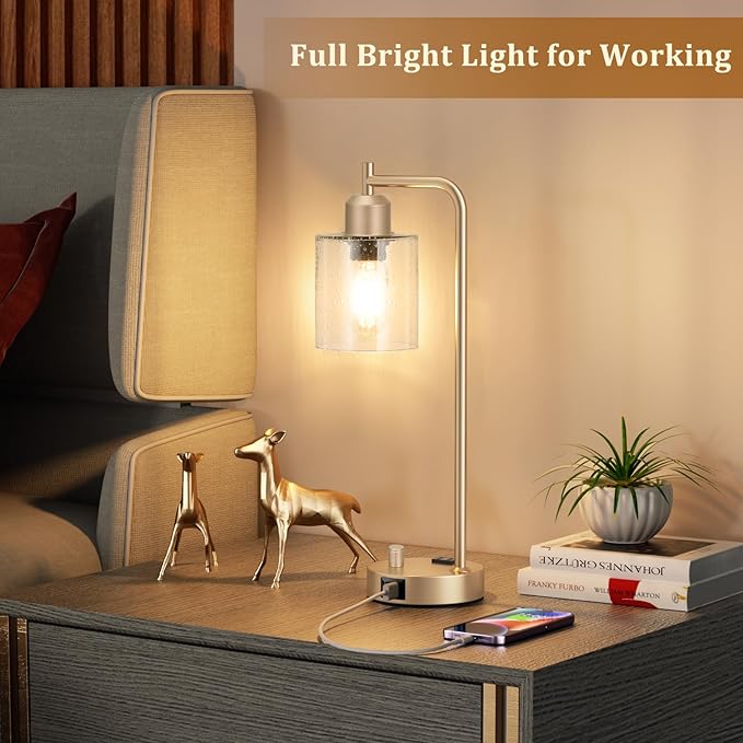 Innqoo Champagne Gold Industrial Bedside Table Lamp for Bedroom - Nightstand Lamps with USB C Charging Port, Fully Dimmable Black Ports and Outlets, Small Desk Glass Shade Office Living Room