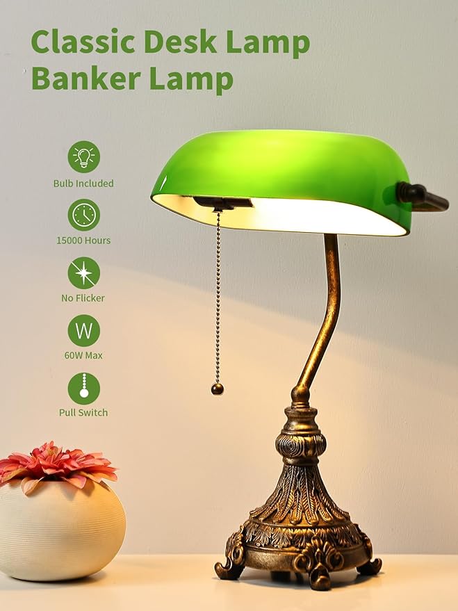 Newrays Vintage Green Glass Bankers Desk Lamp for Home Office,Library with Pull Chain Switch Plug in Fixture, LED Bulb Included