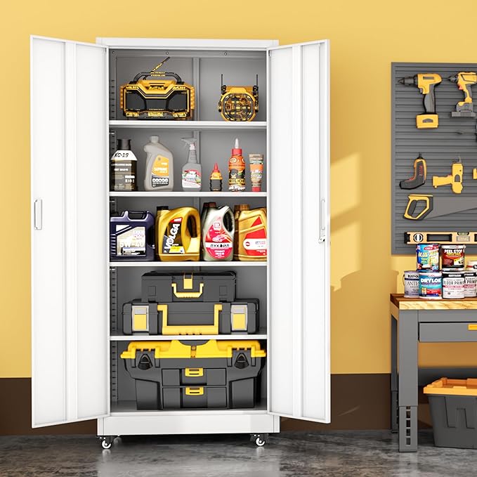 INTERGREAT Metal Storage Cabinet with Wheels, 73" H Rolling Metal Cabinets with Doors and Shelves,White Steel Lockable Cabinet on Wheels for Garage Storage