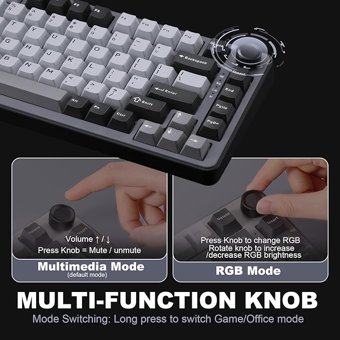 YUNZII B75 PRO Wireless Mechanical Keyboard,75% Layout with Knob,Hot Swap Gasket Custom Structure,Creamy Pre-lubed Switches,RGB Backlit,BT/Type-C/2.4G for Win/Mac(Cocoa Cream V2 Switch,Dark Grey)