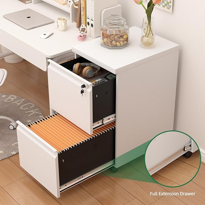 2 Drawer File Cabinet on Wheels,29" H White Filing Cabinet with Lock,Under Desk Metal File Cabinet for Home Office Organizer Letters/Legal/A4(Assembly Required)