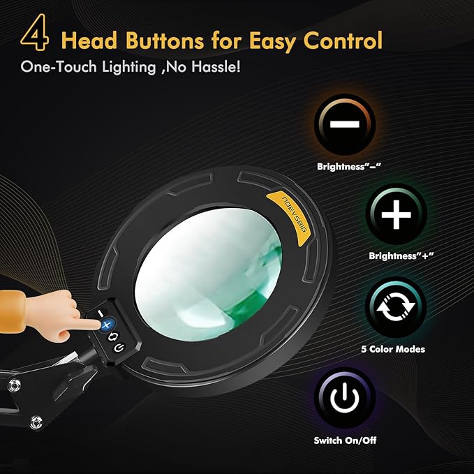 Magnifying Glass with Light 12X Magnifier Desk Lamp Close Work Up for Desktop Crafting, Reading, Sewing, Soldering, Ultra Long Swing Arm 3-Section 5 Color Modes Cool Design Head Controller
