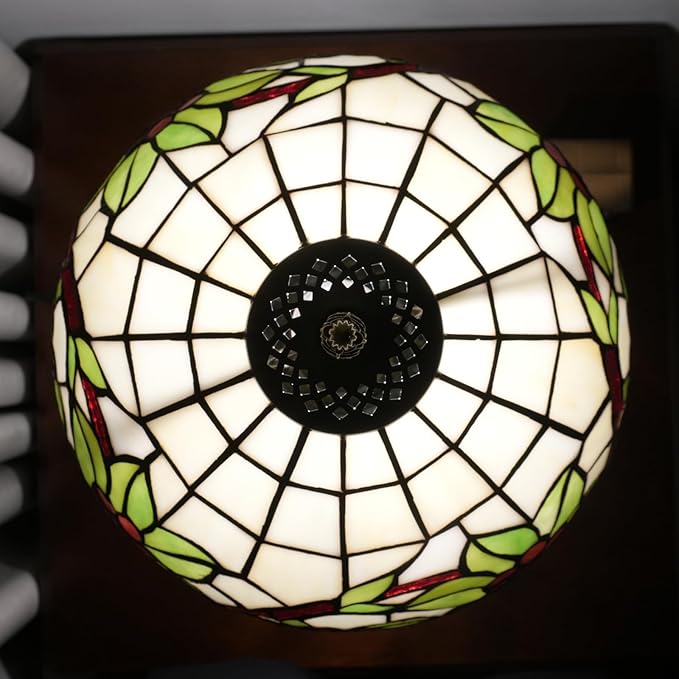 Tiffany Lamp Stained Glass Table Lamp 12 Inch Green Leaves Red Grapes Retro Art Nouveau Bedside Lamp for Living Room Bedroom Study Office Coffee Shop Cafe Home Decor Vintage Tiffany Style Lamp Gift