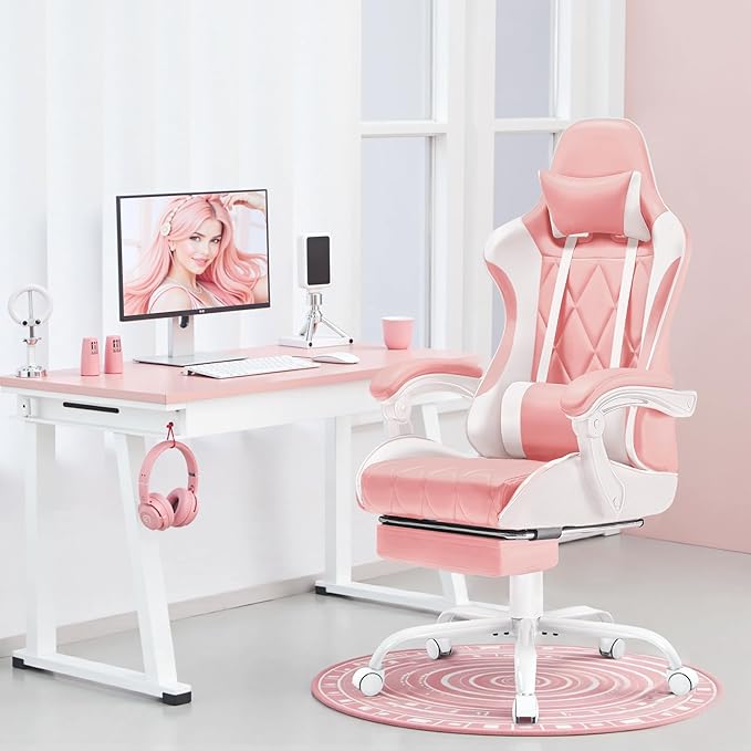 Homall Gaming Chair, Computer Chair with Footrest and Massage Lumbar Support, Ergonomic High Back Video Game Chair with Swivel Seat and Headrest (Pink)