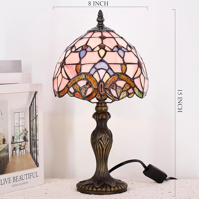 Small Tiffany Lamp Stained Glass Table Lamp Mini Desk Accent Light for Bedroom Bedside Reading Home Antique Style Decor 8X15 Inches (Pink Baroque)