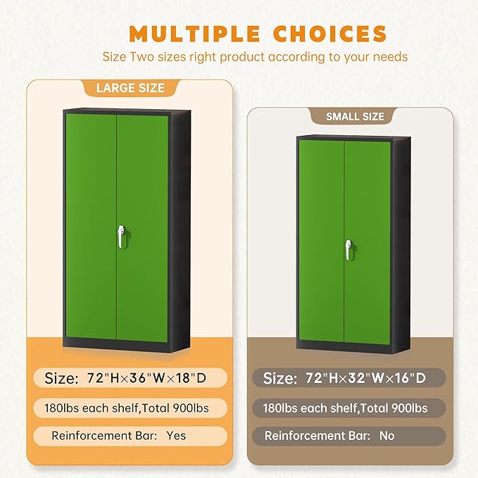 Greenvelly Metal Garage Storage Cabinet with 2 Doors and 4 Adjustable Shelves, 72”H Steel Lockable Storage Cabinet,Tall Metal Cabinet Locking File Cabinet for Office,Home, Garage, Gym, School
