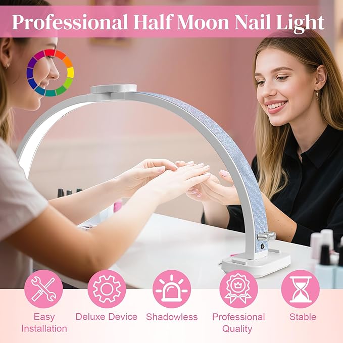 Half Moon Light for Nail Desk 31inch Half Moon Lamp Portable Ring Light for Eyelash Extensions,Suitable for Nail Beauty Crafts Sculpture Brightness Adjustable