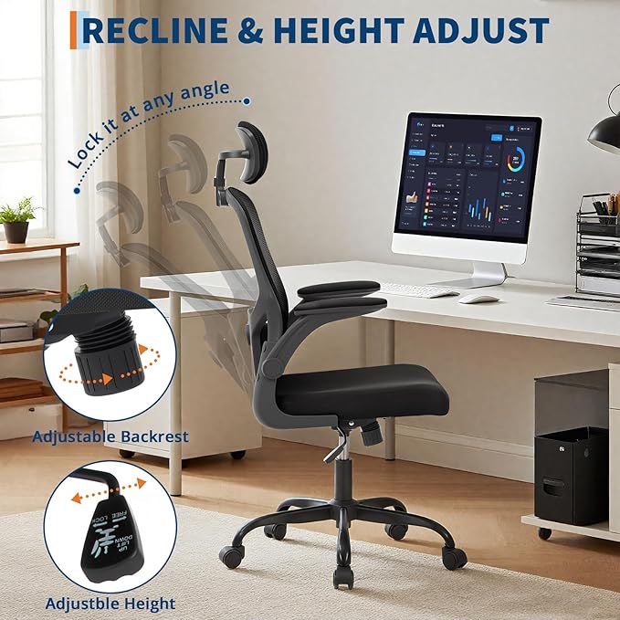 Office Chair – Ergonomic Desk Chair, Adjustable Lumbar Support and Headrest, Flip-Up Armrests, Mesh Computer Desk Chair, Swivel Rolling Executive Gaming Chair for Home & Office (Black)