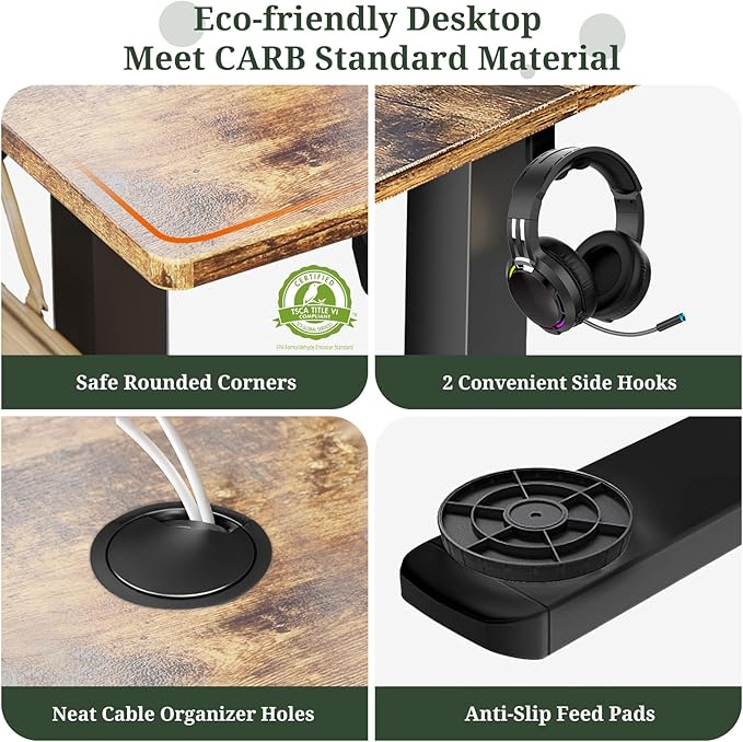 40 x 24 in Electric Standing Desk - Memory Height Adjustable Ergonomic Sit-to-Stand Rising Computer Table Gaming Workstations with 2 Hooks and Wire Hole for Home Office, Brown