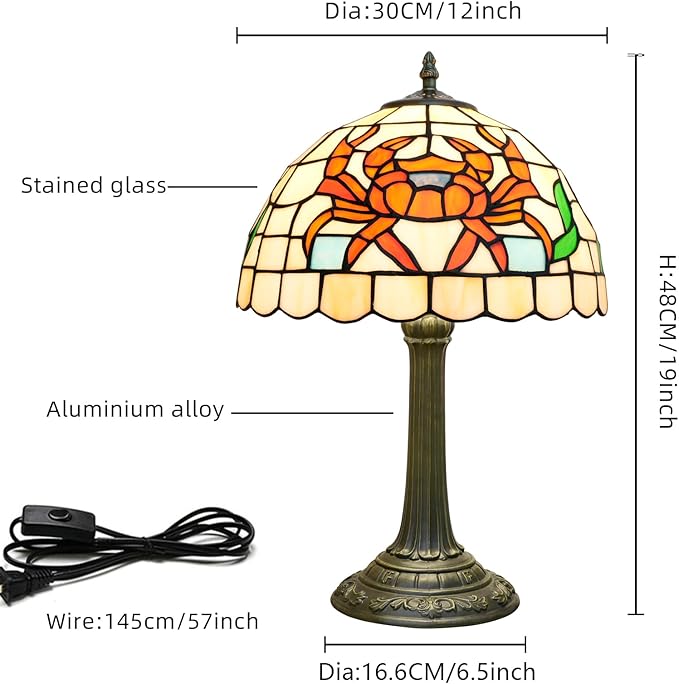 Tiffany lamp 12 inch stained glass lamp crab warm light reading lamp Bed lamp Tiffany style is suitable for bedroom dormitory living room study and other classical art home decoration handicrafts gift