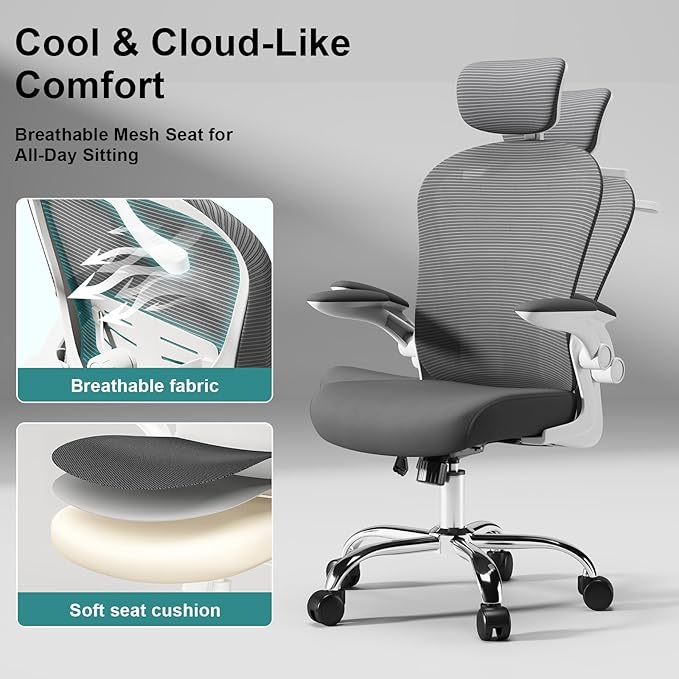 TLLMOON-6066 All-Around Fine-Tuned Comfort Chair. Liftable seat, 4D Lumbar Support, 2D armrests with headrest, Headrest, Hanging bar. Office, Home, Study(W-Grey)