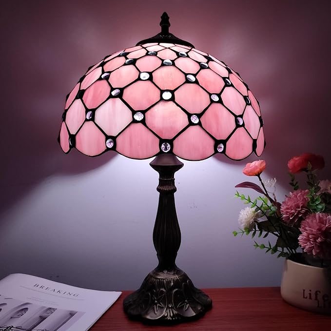 Tiffany Lamp Stained Glass Table Lamp Antique Bedside Desk Reading Light 3-Way Color LED Living Room Nightstand Light 12X12X19 Inches Home Office Desk Light Pink Pearls Style