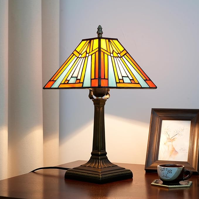 Tiffany Table Lamp Amber Brown Stained Glass Lamp Mission Style Antique Desk Beside Reading Lamp for Office Home Living Room Bedroom