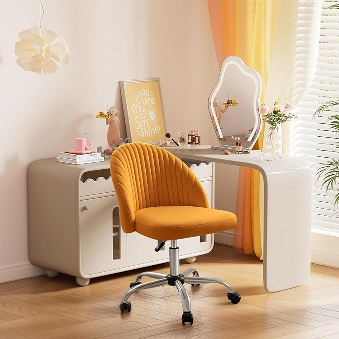 Furniwell Office Chair Armless Cute Desk Chair Modern Adjustable Swivel Padded Fabric Vanity Task Computer Chair Home Office Desk Chairs with Wheels (Yellow)
