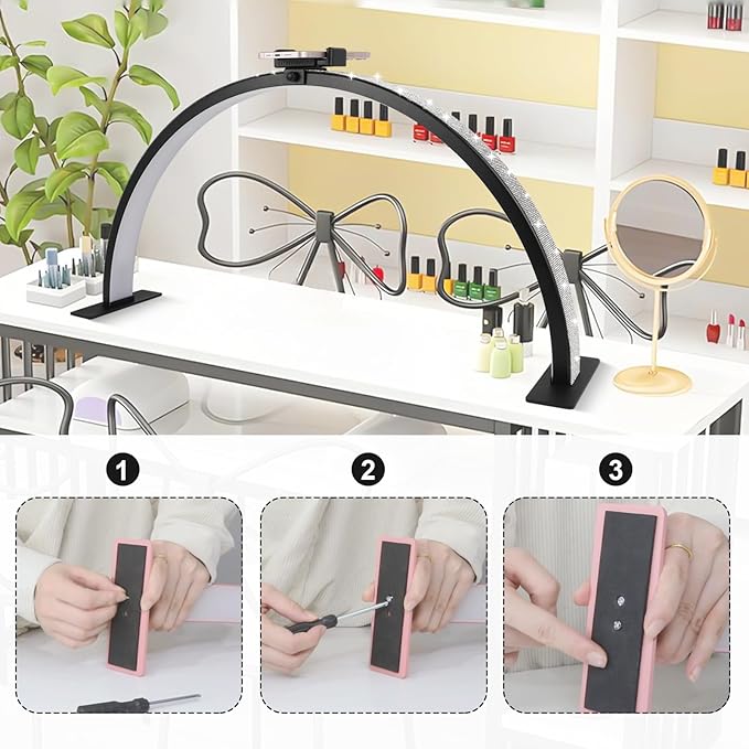 Half-Moon Nail Desk Lamp, Upgrade 30 Inches Lash Light for Eyelash Extensions, 3400 Lumen Led Light for Nails,Tattoo Artists, Adjustable Brightness Warm, Soft, Cool (Black)