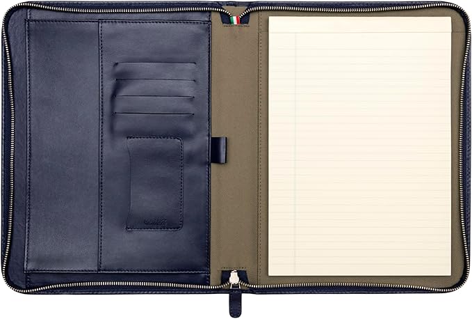 Maruse Premium Leather Portfolio Padfolio - Executive Folio for Men and Women with Zipper, Folio Document Organizer, Laptop Sleeve, iPad Case and Folder - Made in Italy, Navy Blue
