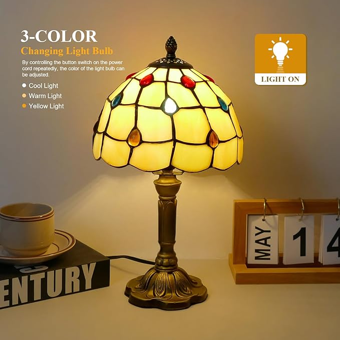 Tiffany Table Lamp - Beige with Colorful Beads, 14" Tall, 8" Wide Reading Lamp with Color Changing LED Bulb