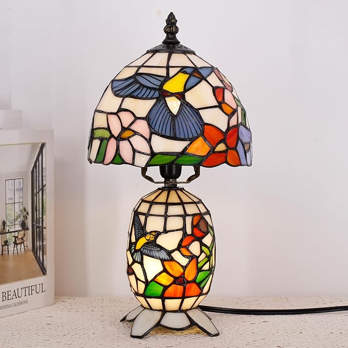 Small Tiffany Lamp Stained Glass Table Lamp Mini Mother Daughter Vase Desk Accent Light for Bedroom Bedside Reading Home Antique Style Decor 8X14 Inches (Hummingbird)