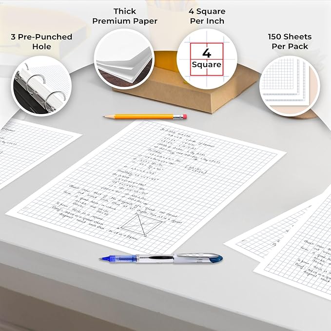 Rosmonde 6750 Sheets Graph Paper Bulk, 45 Pack, Bulk Loose Leaf Paper, 4x4, 8" x 10.5", Bulk Grid Paper, Thick Graphing Paper, Fights Ink Bleed, 3 Hole Punched, Quad Ruled Sheets, Bulk School Supplies