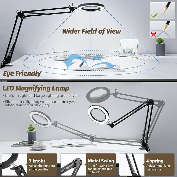 LANCOSC Magnifying Glass with Light and Stand, 5 Inches 10X Real Glass Lens, 3 Color Modes Stepless Dimmable LED Desk Lamp, Adjustable Arm Lighted Magnifier Light for Reading Repair Crafts Close Work