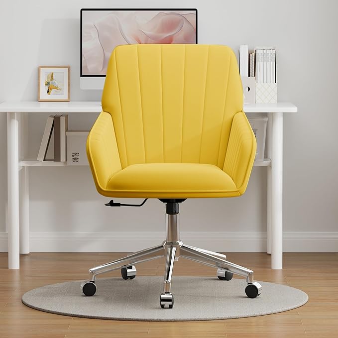 YISHENG Velvet Office Desk Chair with Silver Base, with Wheels,Modern Height Adjustable 360 Degree Swivel Upholstered Vanity Chairs with Arms for Living Room Bedroom,Yellow