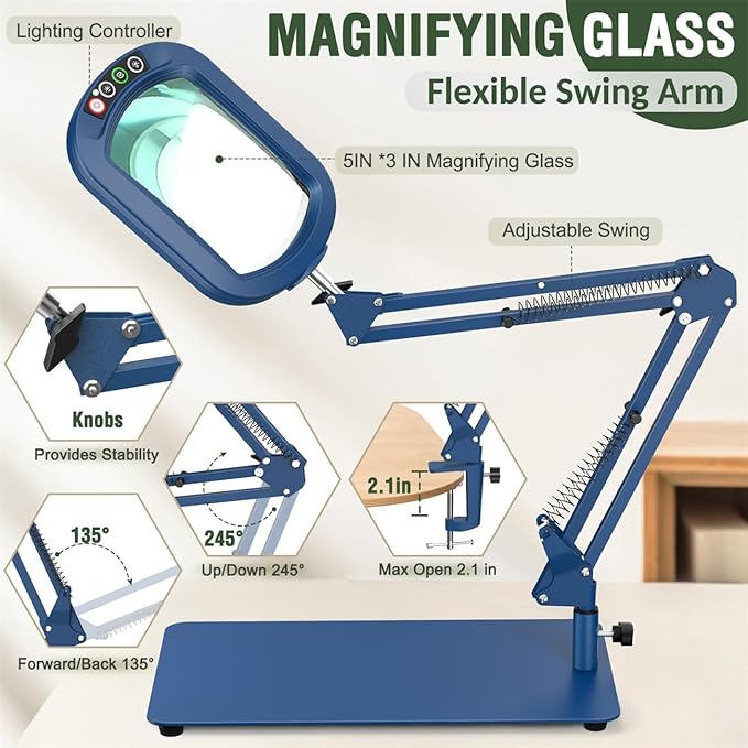 Veemagni 10X Rectangle Magnifying Glass with Light and Stand, 5 Color Modes Stepless Dimmable, 2-in-1 LED Lighted Desk Lamp & Clamp, Hands Free Magnifier for Reading Crafts Painting Close Work - Blue