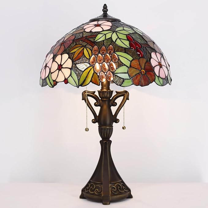 Tiffany Table Lamp 24 Inch High Antique Stained Glass Green Purple Grape Desk Reading Light Wide 16 Inch for Bedroom Living Room Home Office