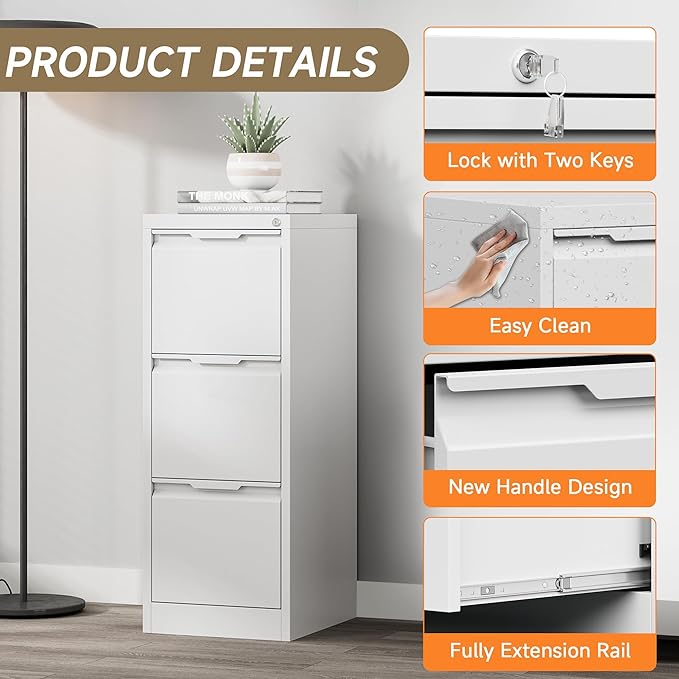 Coolsun 3 Drawer Vertical File Cabinet with Lock, Metal Filing Cabinet for Home Office, Locking File Cabinet for A4/F4/Legal/Letter, Assembly Required (White, 3 Drawer)