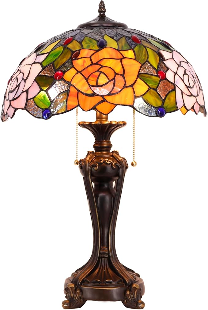 Tiffany Stained Glass Table Lamp 16X16X24 Inch Purple Orange Rose Flower Style Desk Bedroom Living Room Antique Reading Light (Purple Orange Rose)