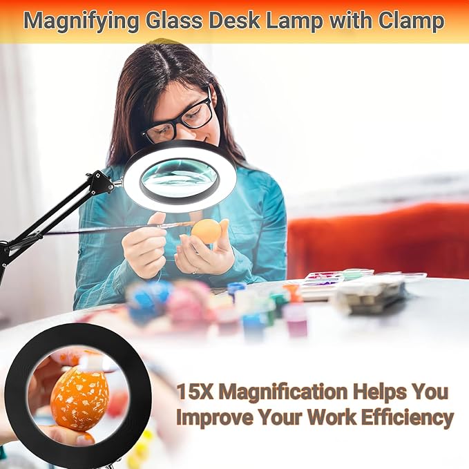 15X Magnifying Glass with Light – Real Glass Lens, 72 LEDs, 3 Color Modes Stepless Dimmable, Adjustable Swing Arm with Clamp and Base, Hands-Free Magnifier for Crafts, Reading, Repair, Close Work