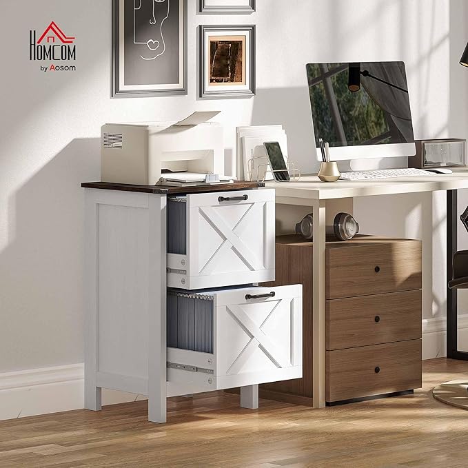 HOMCOM 2 Drawer Vertical File Cabinet with Silent Slides, Rustic Farmhouse Filing Cabinet with Barn Doors for A4/Letter Size, Printer Stand with Storage for Home Office, Distressed White