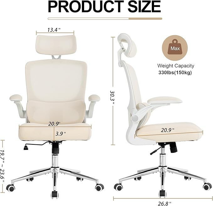Ergonomic Office Chair,Home Mesh Office Desk Chairs,High Back Chair 330 LBS,Swivel Computer Task Chair with Adjustable Lumbar Support,Up&Down Flip-Up Arms,Rocking Function (Beige)