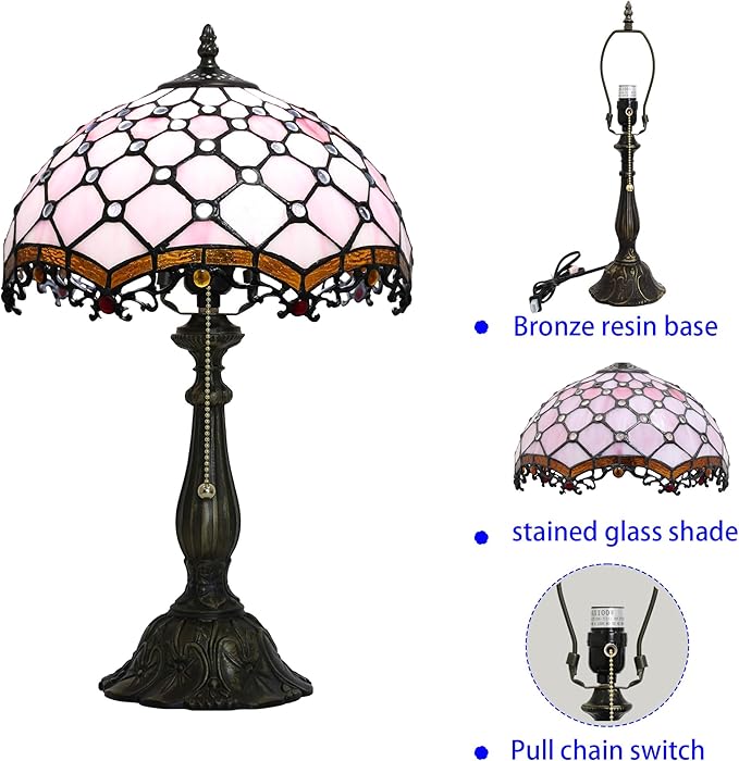 Tiffany Lamp Stained Glass Table Lamp Bedside Table Reading Lamp Living Room Night Light 12-inch Pink Pearl Style Suitable for Home and Office Desktops