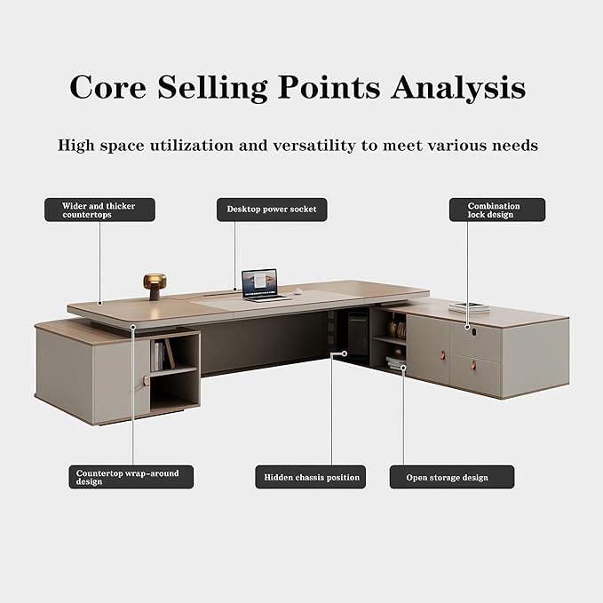 L Shaped Executive Desk with Drawers, 94.5 inch Modern Executive Desk Office Desk with Drawers Lockable Storage & Cable Box, Without Display Racks and Bookshelves