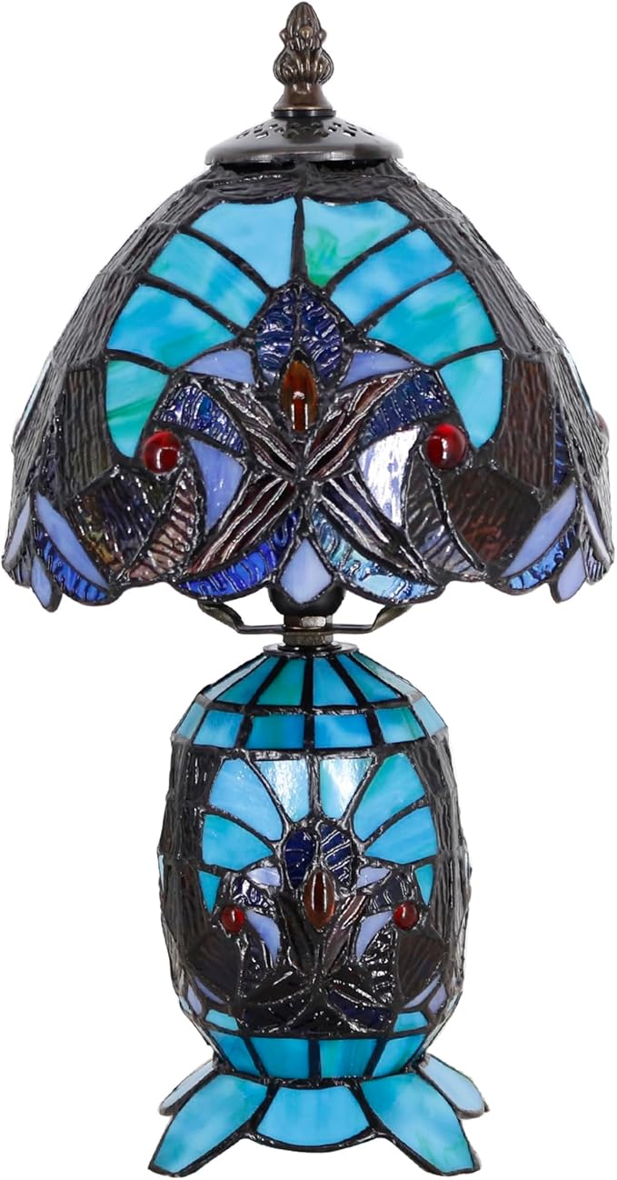 Small Tiffany Lamp Stained Glass Table Lamp Mini Mother Daughter Vase Desk Accent Light for Bedroom Bedside Reading Home Antique Style Decor 8X14 Inches (Green)
