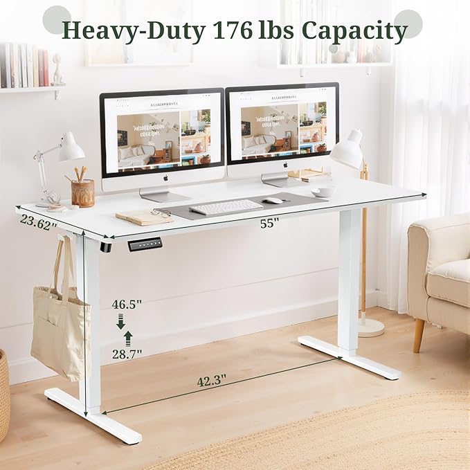 55 x 24 in Electric Standing Desk - Memory Height Adjustable Ergonomic Sit-to-Stand Rising Computer Table Gaming Workstations with 2 Hooks and Wire Hole for Home Office, White