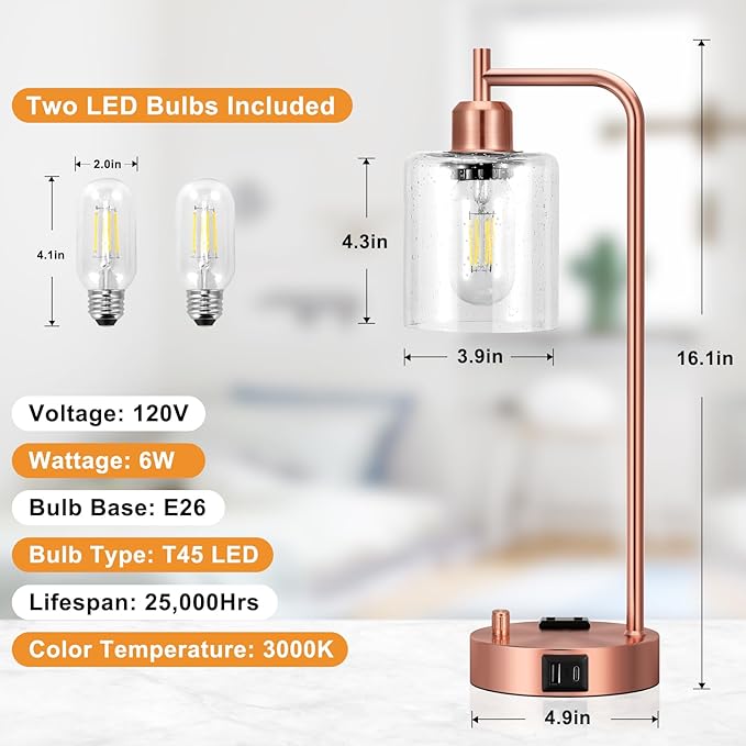 Innqoo Industrial Table Lamps for Bedrooms Set of 2 - Fully Dimmable Bedside Lamps with USB Ports and Outlet, Copper Nightstand Lamps with Glass Shade for Living Room, Desk Lamps for Office Reading