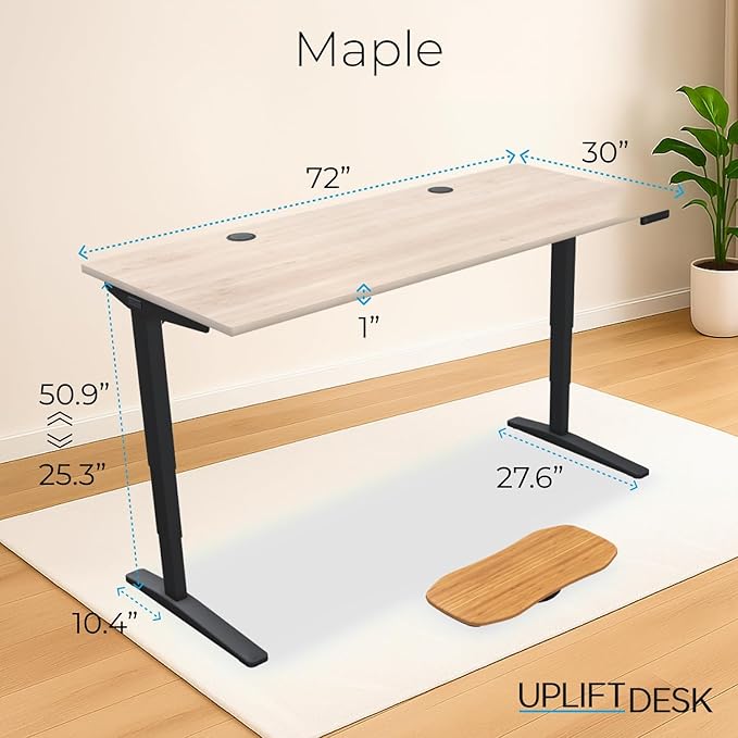 UPLIFTDESK V2 2-Leg Maple Laminate Wood Standing Desk – Adjustable Height, Advanced 1-Touch Memory Keypad, Under Desk Cable Management, Wire Grommets & Rocker Board (Black C-Frame, 72 x 30 inch)