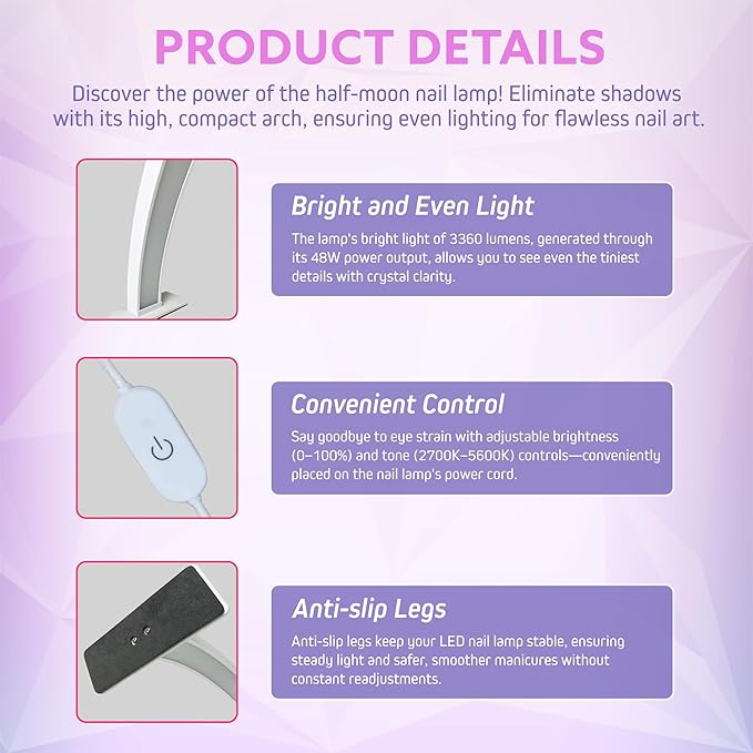 Half Moon Nail Desk Lamp – 3360 Lumen LED Light for Nail Techs, Tattoo & Lash Work, Moon Light for Desk – Sleek White Design, Touch Control