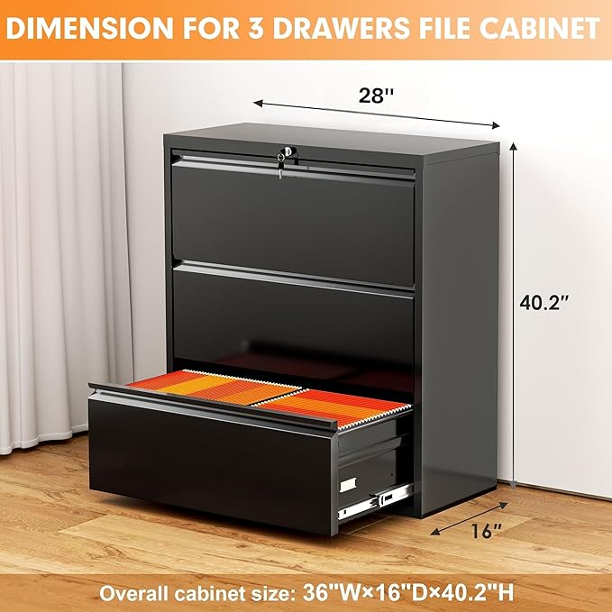 INTERGREAT File Cabinet 3 Drawers, Metal Lateral Filing Cabinets for Home Office, Locking Black File Cabinet for Hanging Files Letter/Legal/F4/A4, Easy Assembly